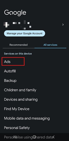 setting ads tab