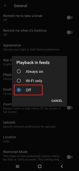 youtube feed playback off